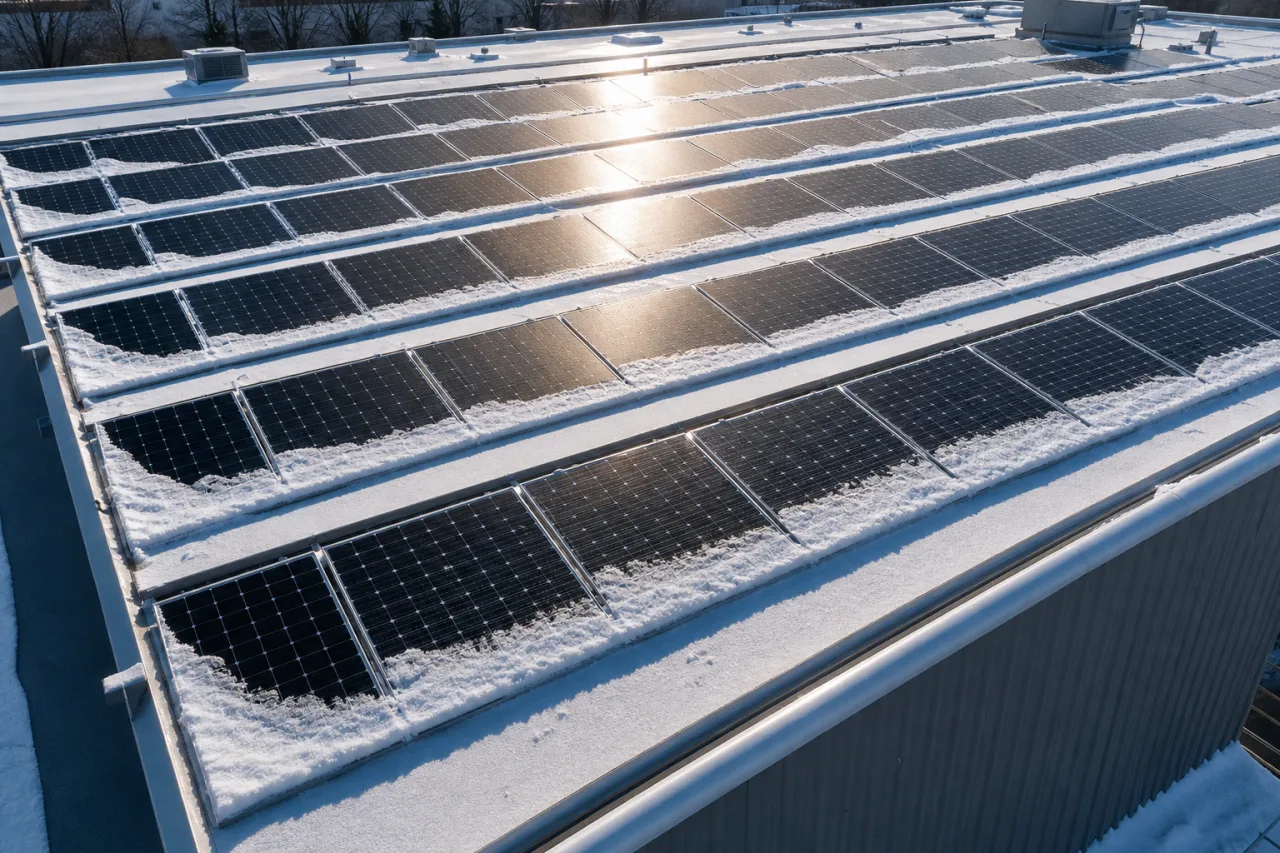 Photovoltaic modules on a flat roof, partially cleared of snow