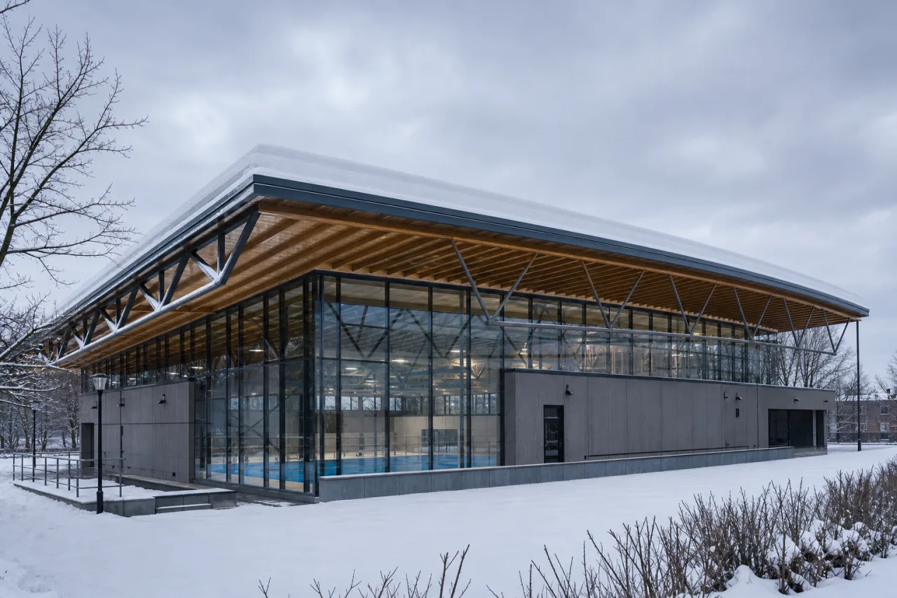 Modern indoor pool and sports hall building with snow on the roof