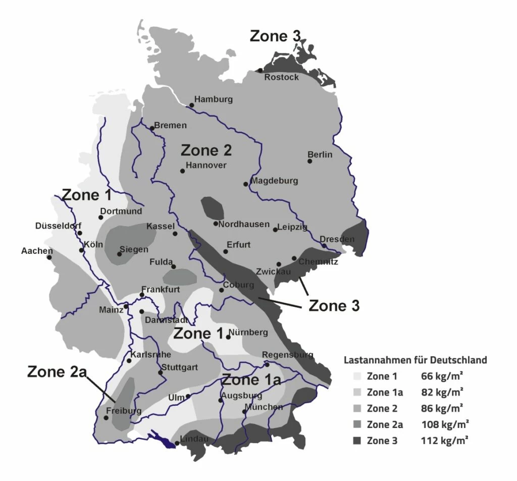 Schneelastzonen-Karte Deutschland nach DIN EN 1991-1-3 mit den Zonen 1, 1a, 2, 2a und 3.